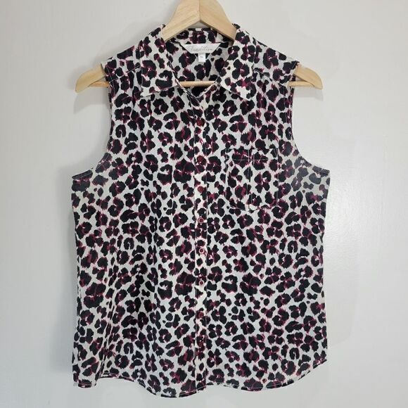 Tradition B&W Leopard Print with Maroon Accents Sleeveless Button Down Shirt - Picture 2 of 7